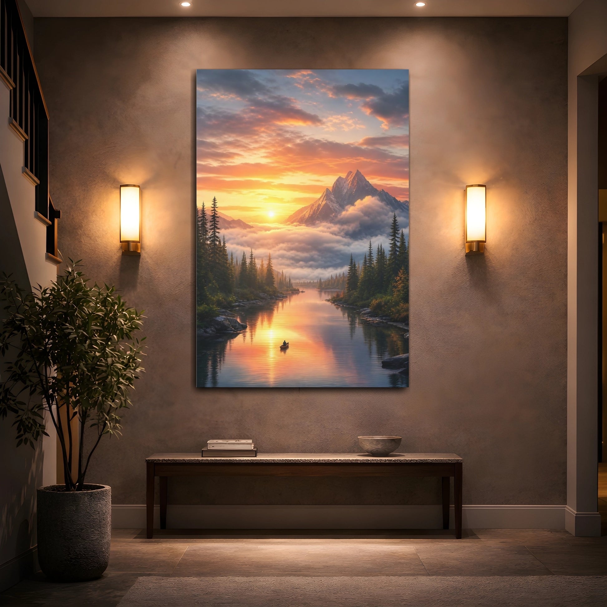 Mockup 2. Nature Mountain Lake Orange And Green shown as stretched canvas wall art