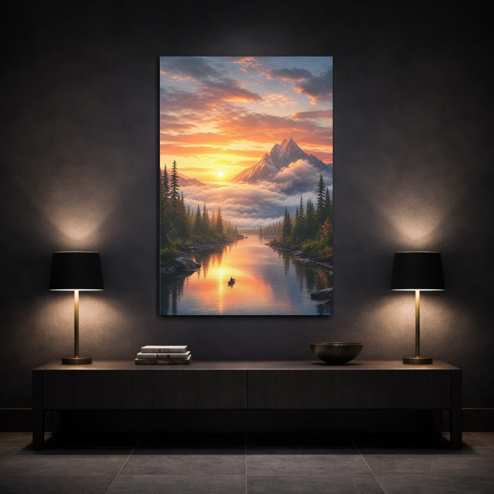 Mockup 3. Nature Mountain Lake Orange And Green shown as stretched canvas wall art