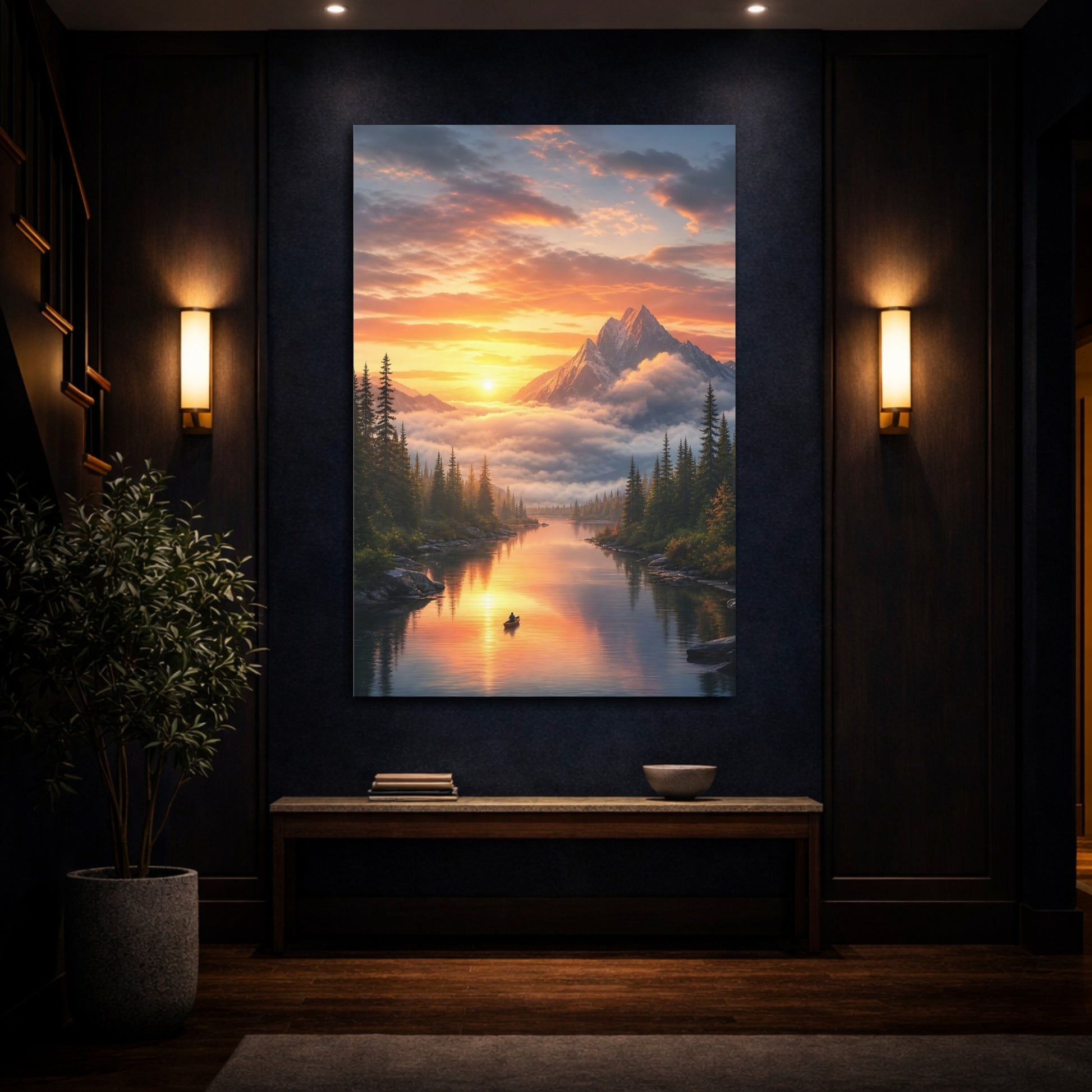 Mockup 4. Nature Mountain Lake Orange And Green shown as stretched canvas wall art