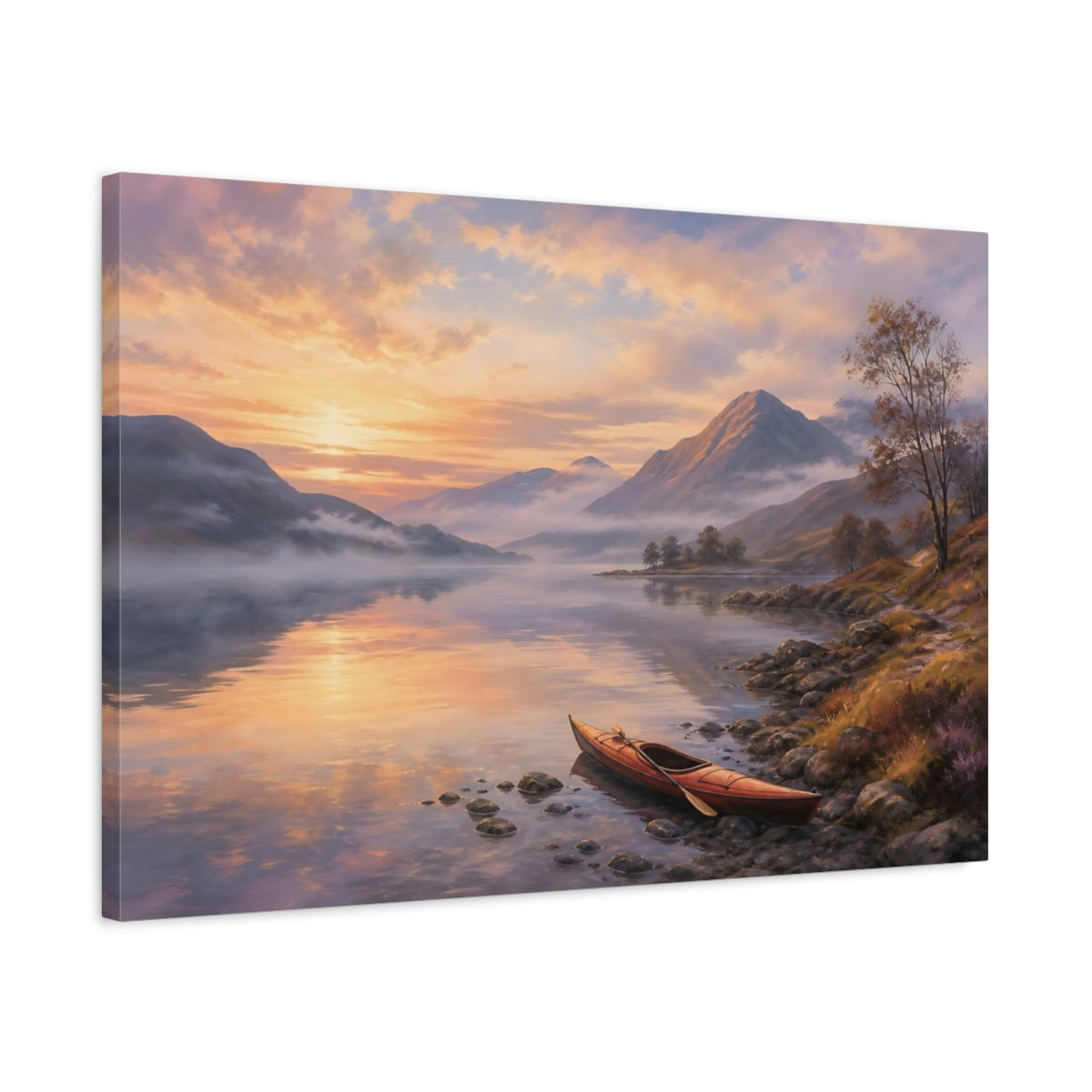 Side Mockup 2. Nature Mountain Lake Orange And Purple Landscape shown as stretched canvas wall art