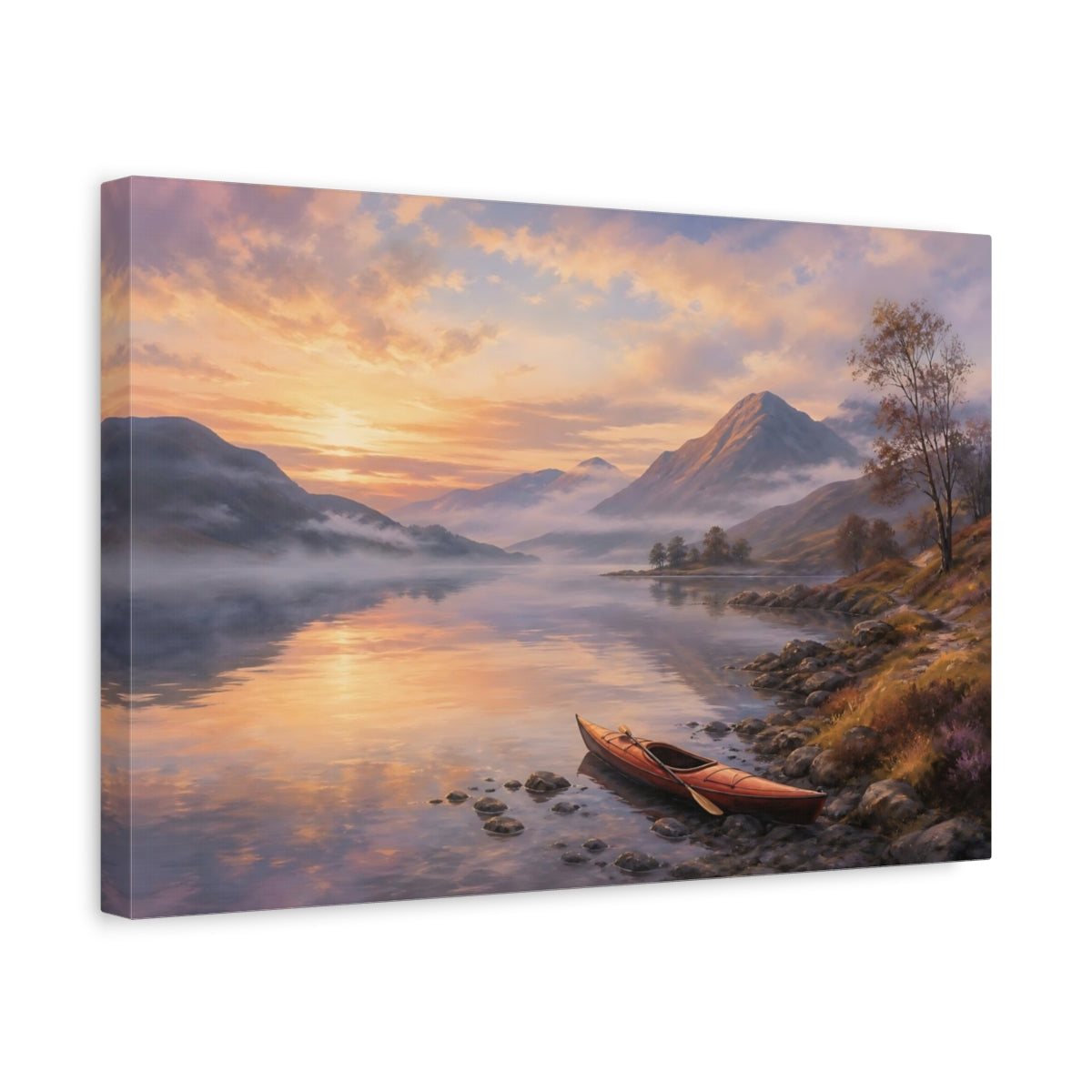 Side Mockup 4. Nature Mountain Lake Orange And Purple Landscape shown as stretched canvas wall art