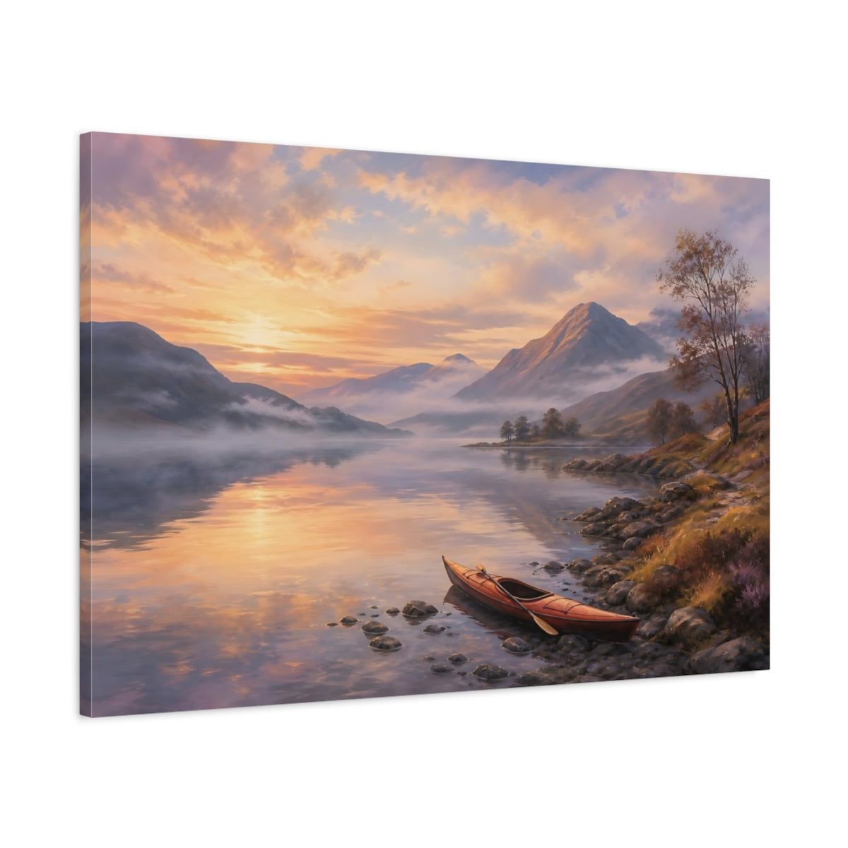 Main Mockup. Nature Mountain Lake Orange And Purple Landscape shown as stretched canvas wall art