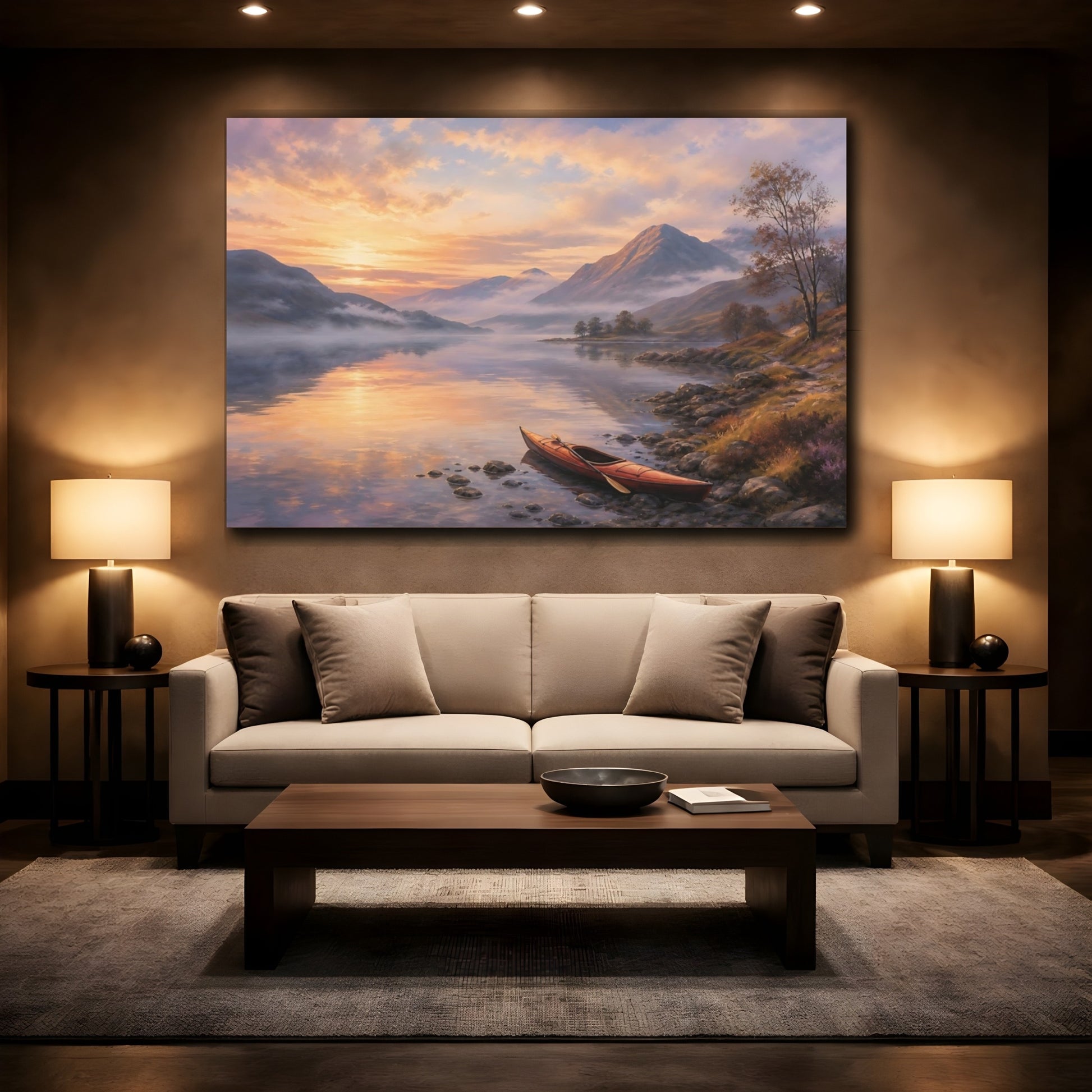 Mockup 2. Nature Mountain Lake Orange And Purple Landscape shown as stretched canvas wall art