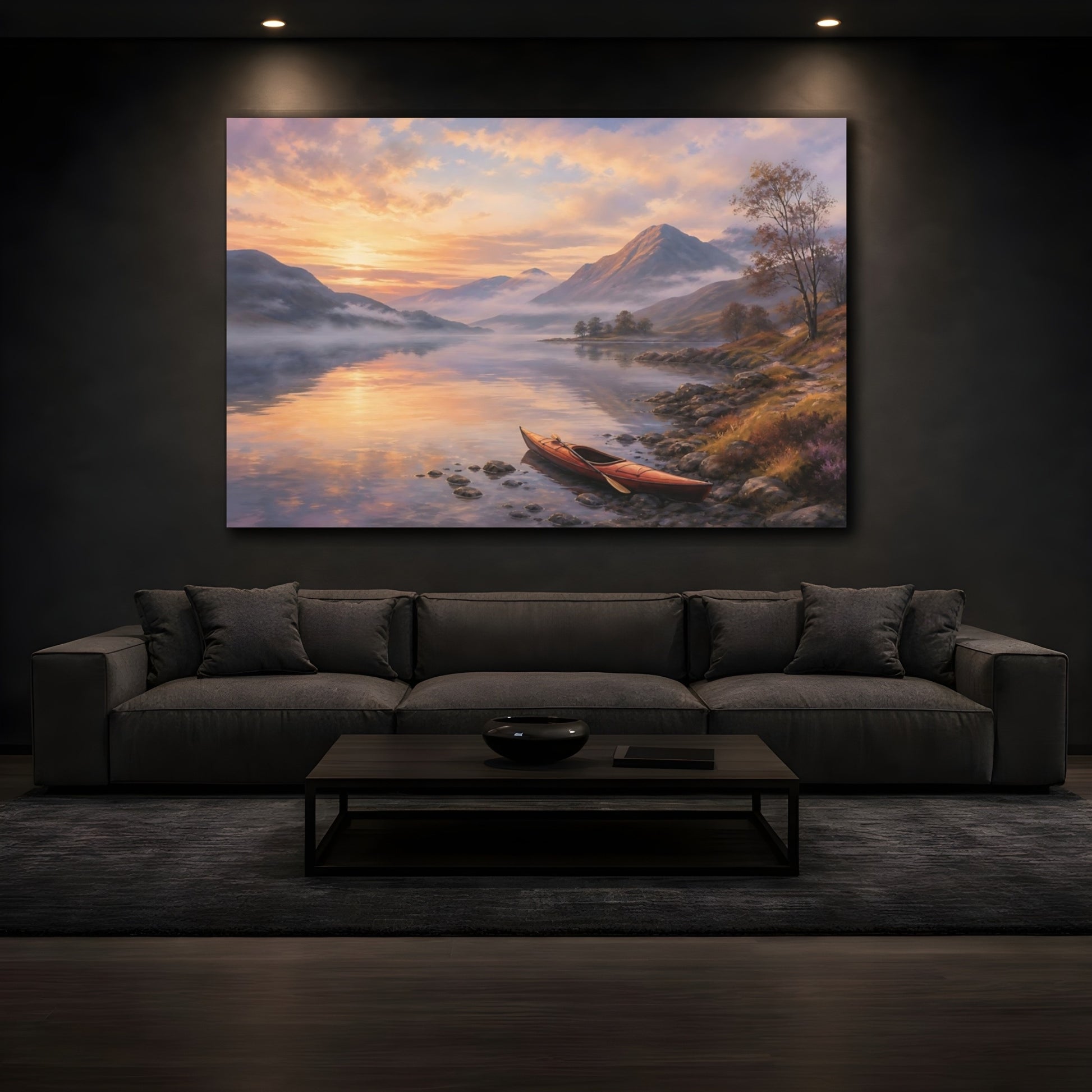 Mockup 3. Nature Mountain Lake Orange And Purple Landscape shown as stretched canvas wall art