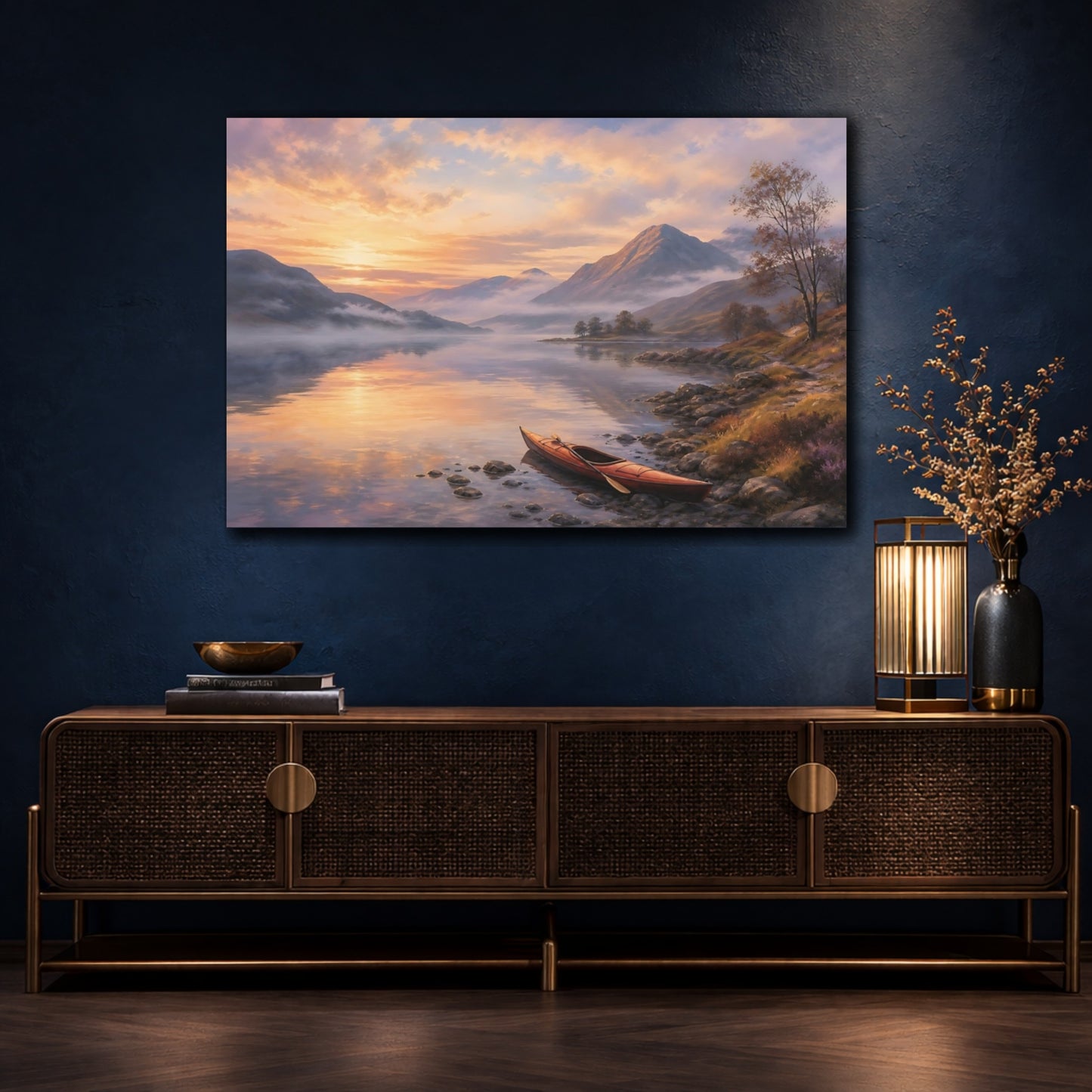 Mockup 4. Nature Mountain Lake Orange And Purple Landscape shown as stretched canvas wall art
