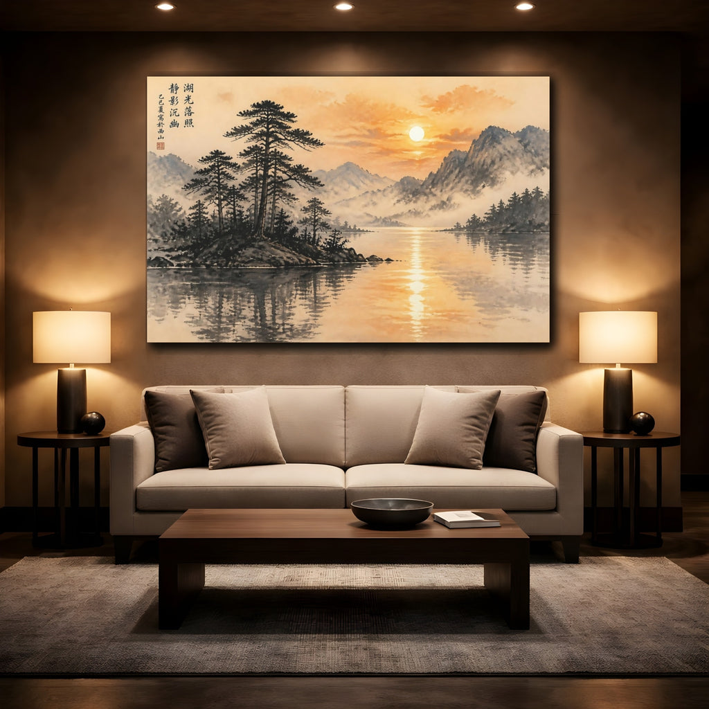 Mockup 2. Nature Mountain Lake Orange Black Landscape shown as stretched canvas wall art