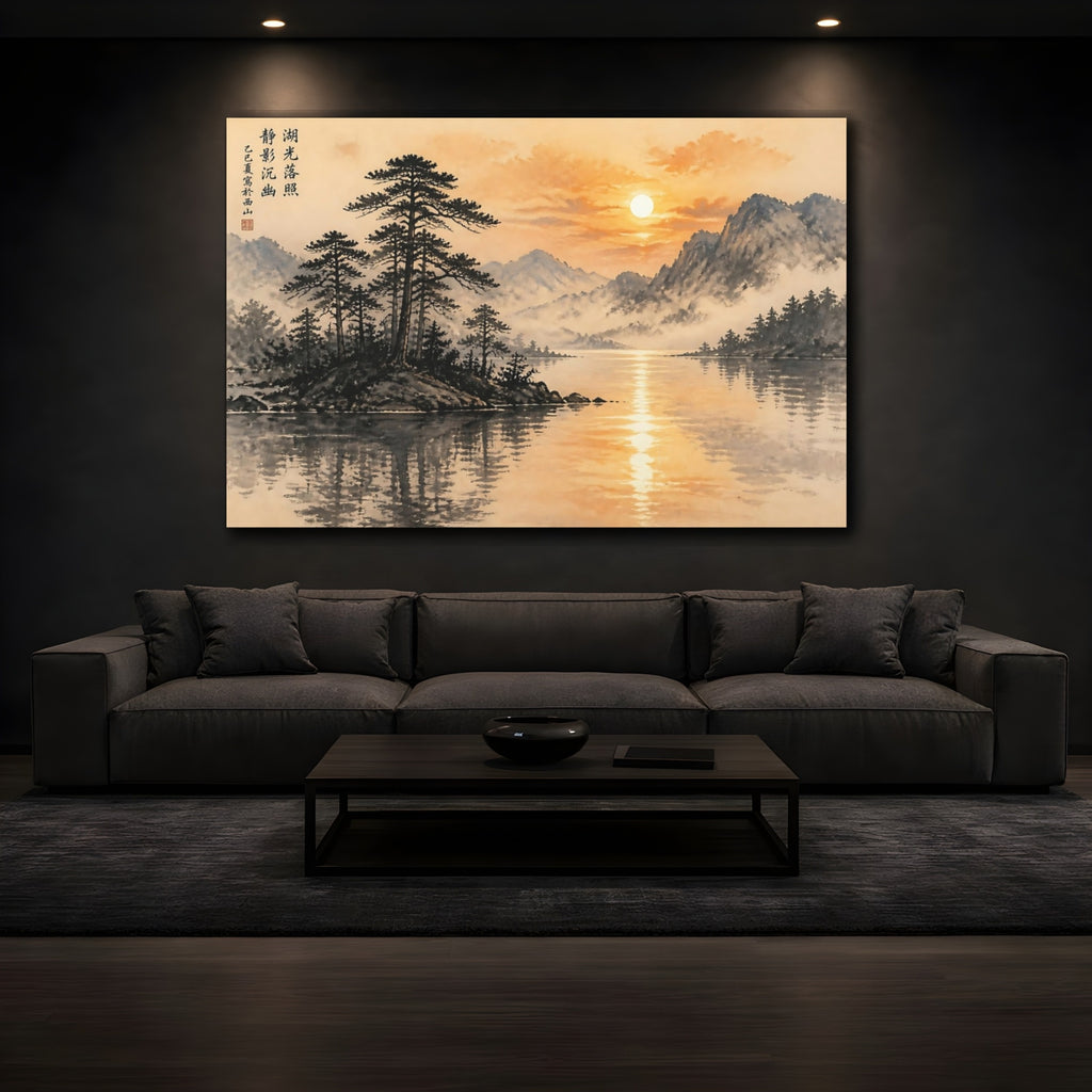 Mockup 3. Nature Mountain Lake Orange Black Landscape shown as stretched canvas wall art