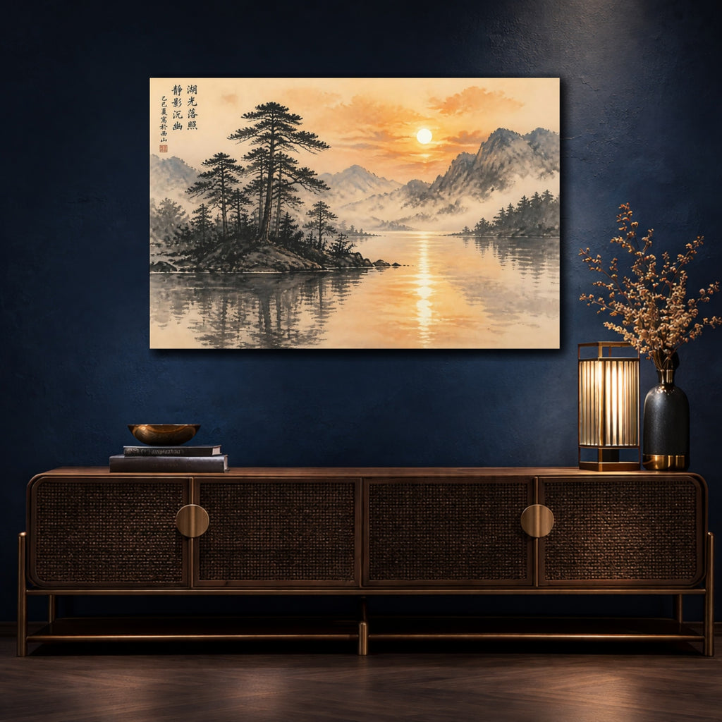 Mockup 4. Nature Mountain Lake Orange Black Landscape shown as stretched canvas wall art