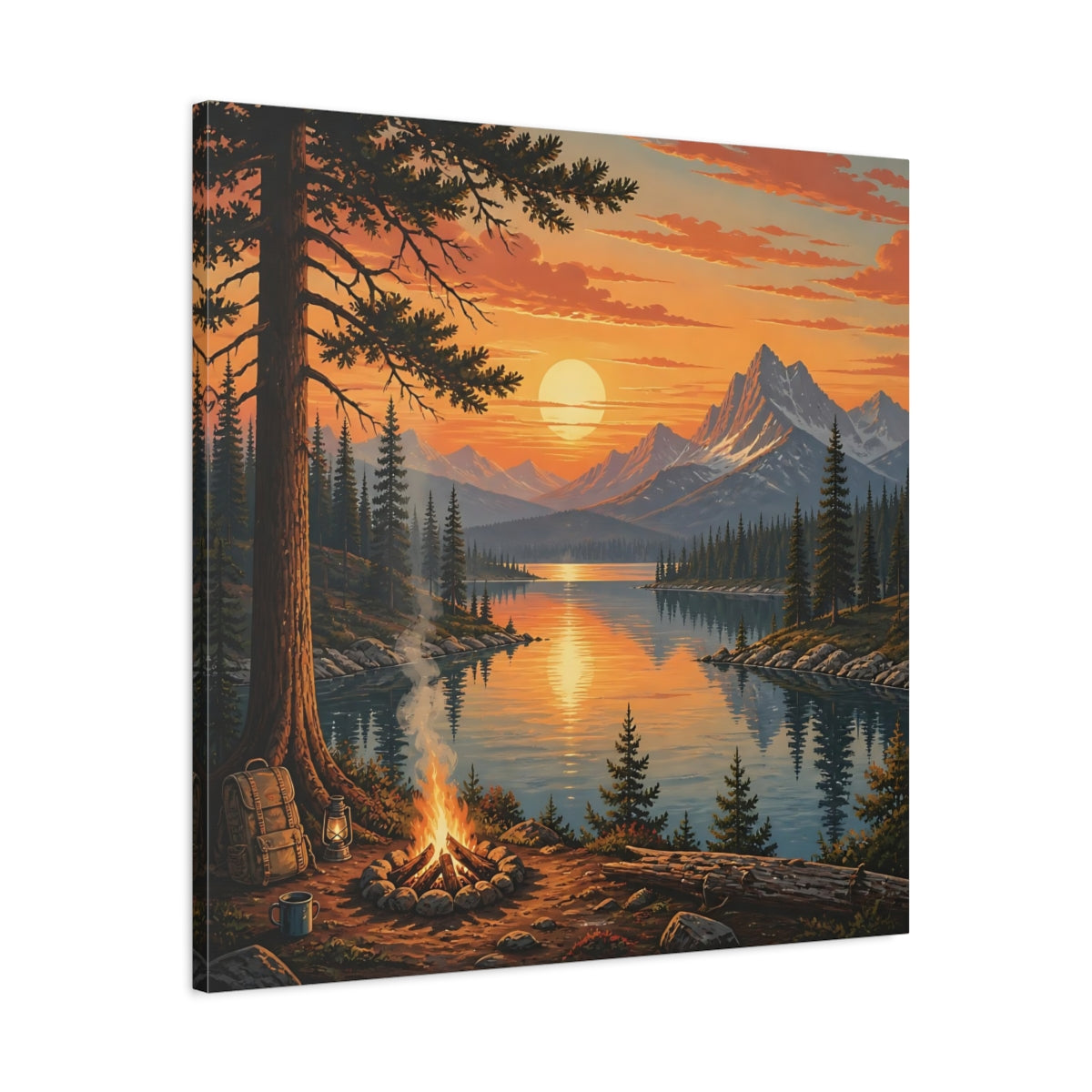 Side Mockup 3. Nature Mountain Lake Orange Sunset Lake shown as stretched canvas wall art