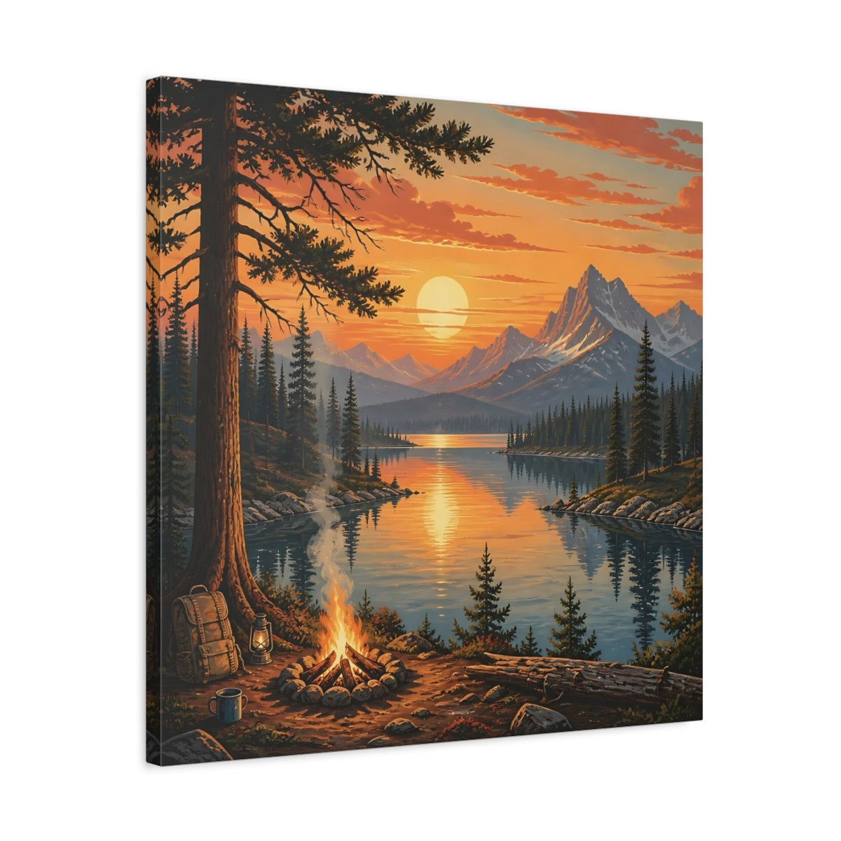 Side Mockup 4. Nature Mountain Lake Orange Sunset Lake shown as stretched canvas wall art
