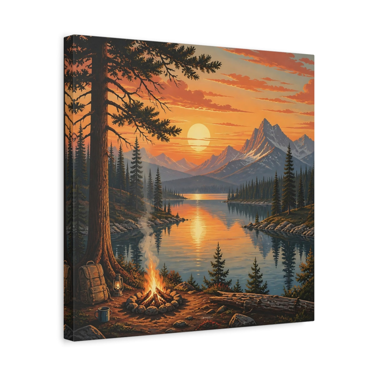 Side Mockup 6. Nature Mountain Lake Orange Sunset Lake shown as stretched canvas wall art