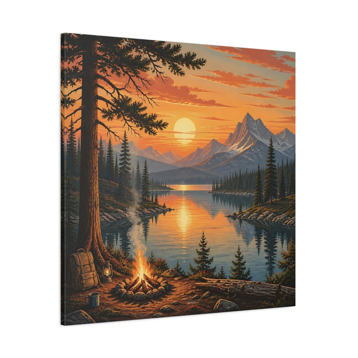 Side Mockup 1. Nature Mountain Lake Orange Sunset Lake shown as stretched canvas wall art
