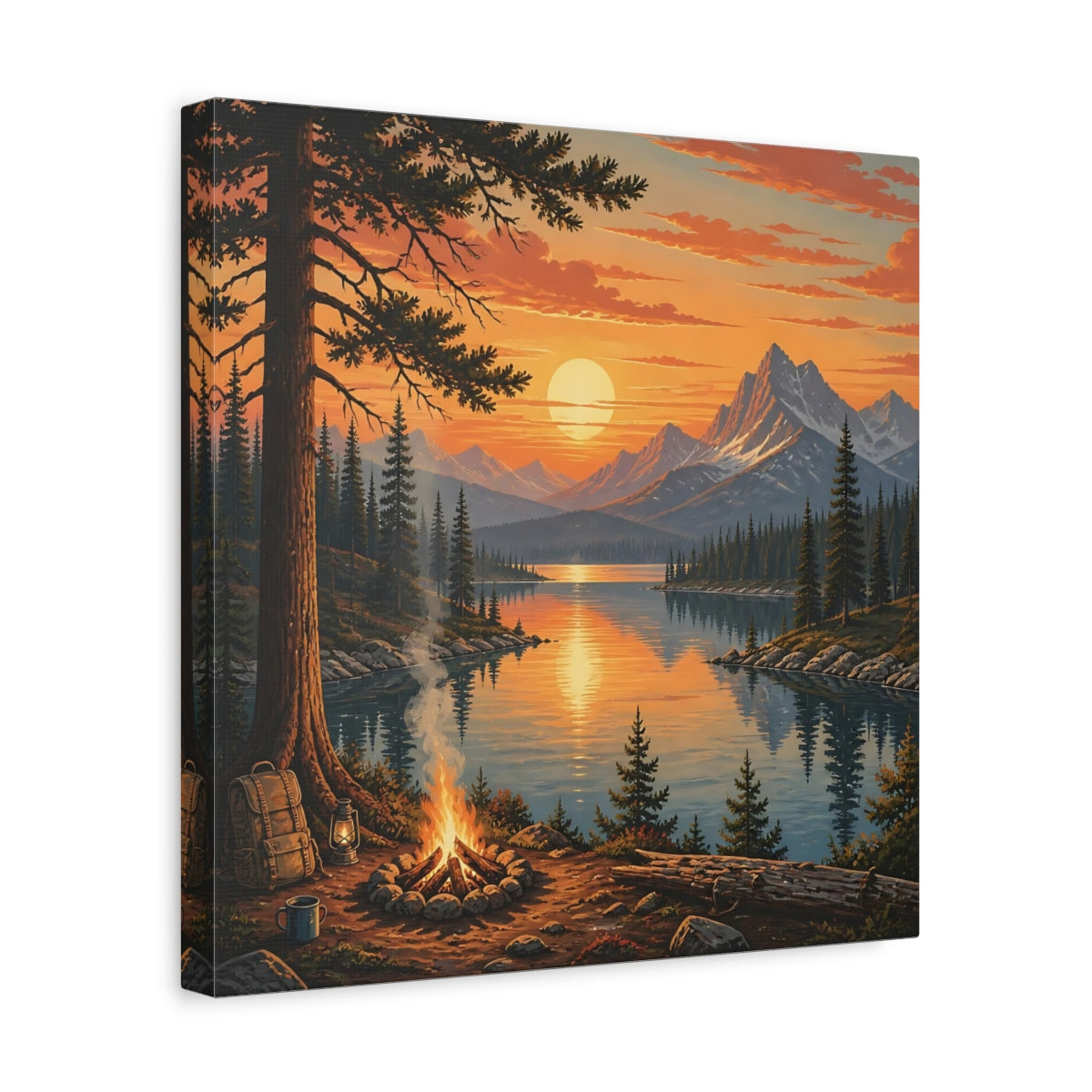 Side Mockup 7. Nature Mountain Lake Orange Sunset Lake shown as stretched canvas wall art