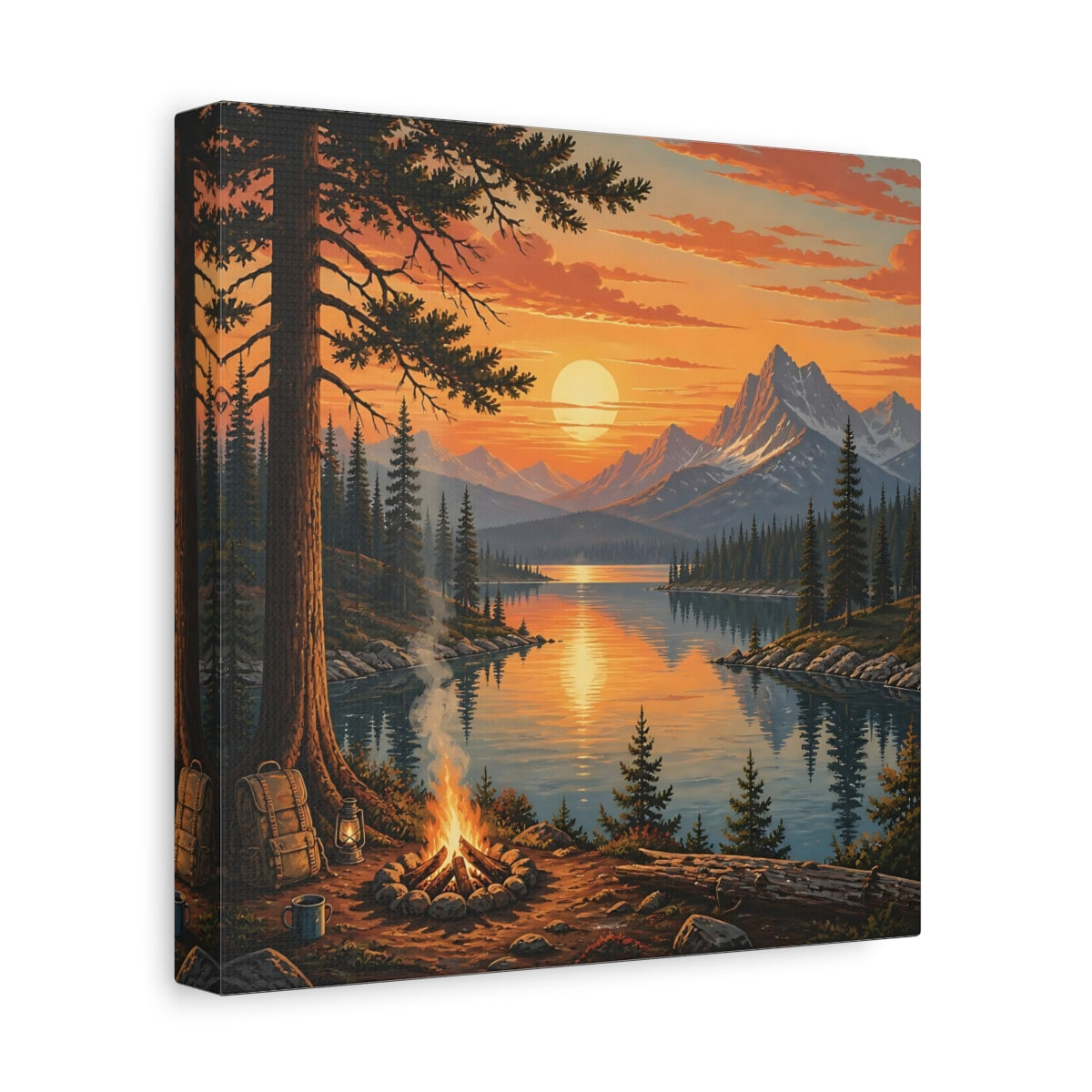 Side Mockup 9. Nature Mountain Lake Orange Sunset Lake shown as stretched canvas wall art