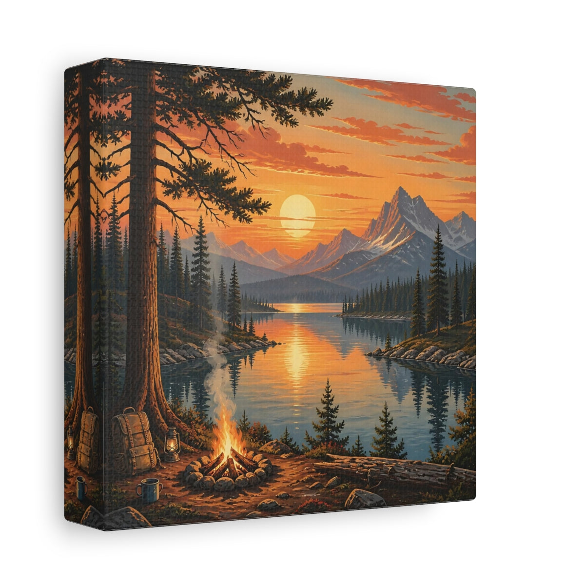 Side Mockup 2. Nature Mountain Lake Orange Sunset Lake shown as stretched canvas wall art