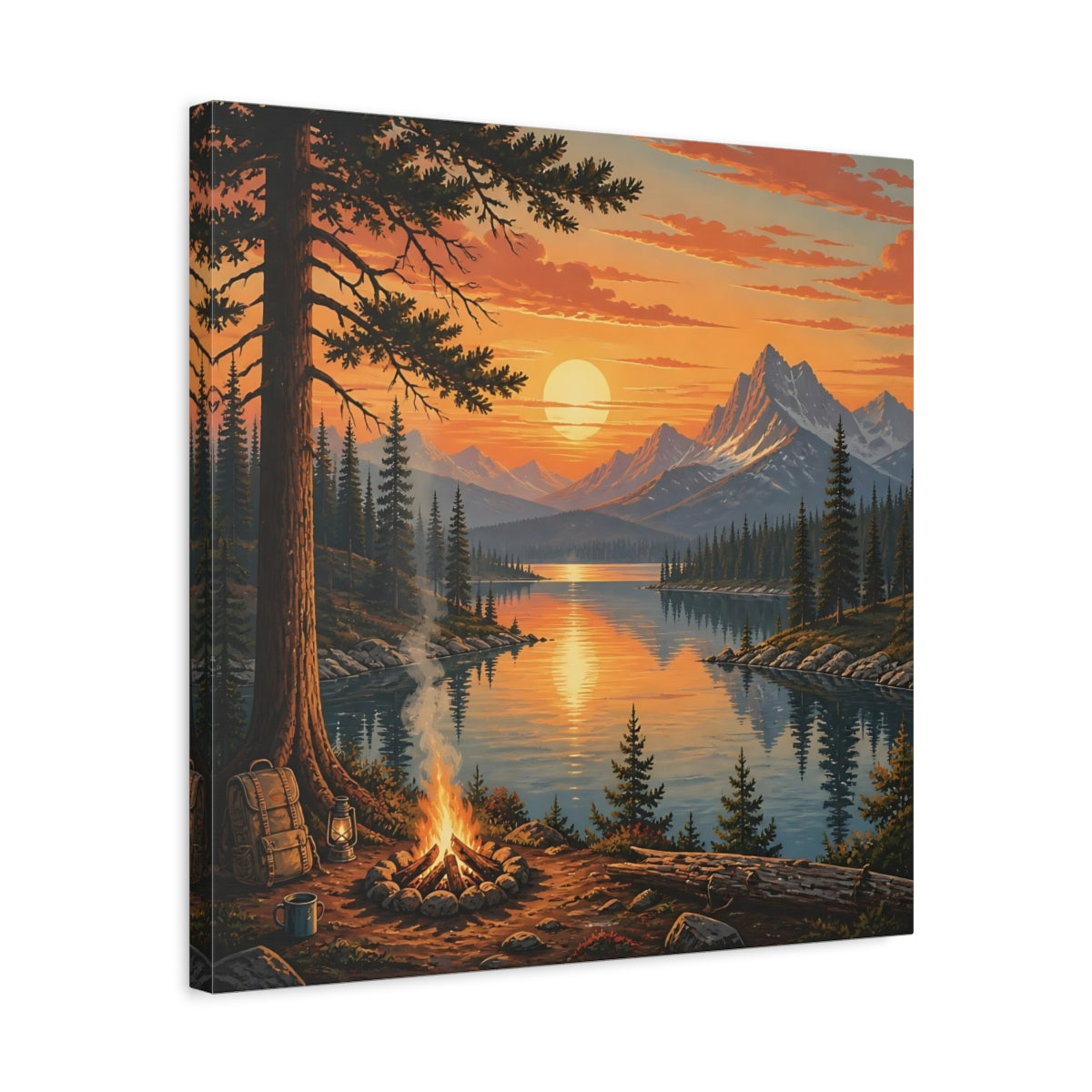 Side Mockup 5. Nature Mountain Lake Orange Sunset Lake shown as stretched canvas wall art