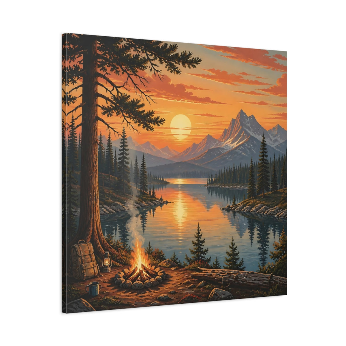 Main Mockup. Nature Mountain Lake Orange Sunset Lake shown as stretched canvas wall art