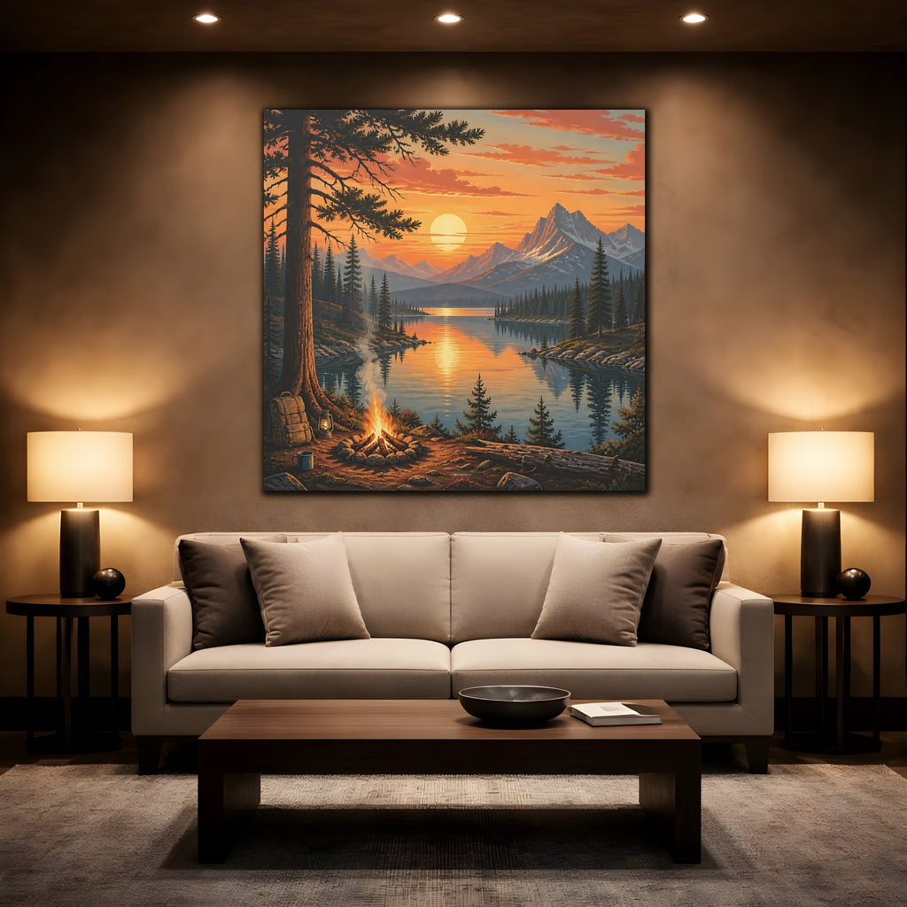 Mockup 2. Nature Mountain Lake Orange Sunset Lake shown as stretched canvas wall art