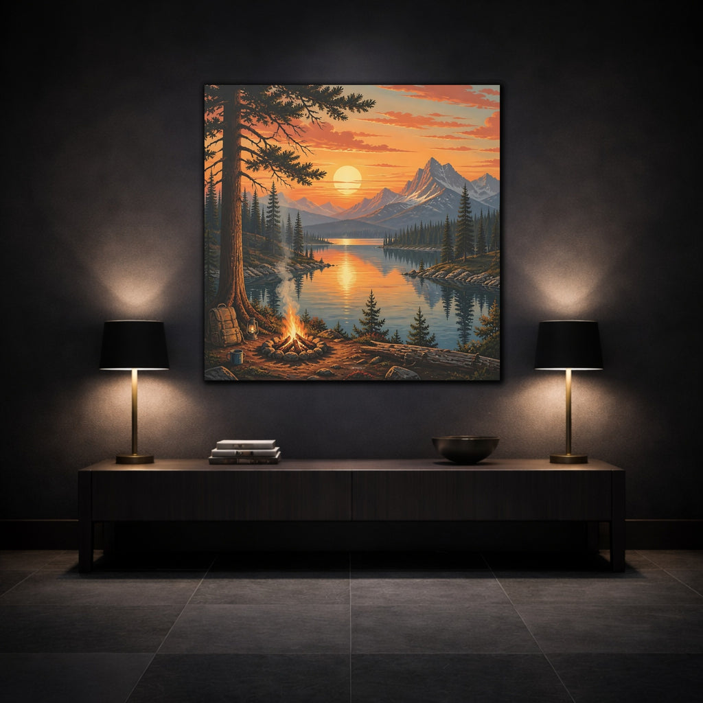 Mockup 3. Nature Mountain Lake Orange Sunset Lake shown as stretched canvas wall art