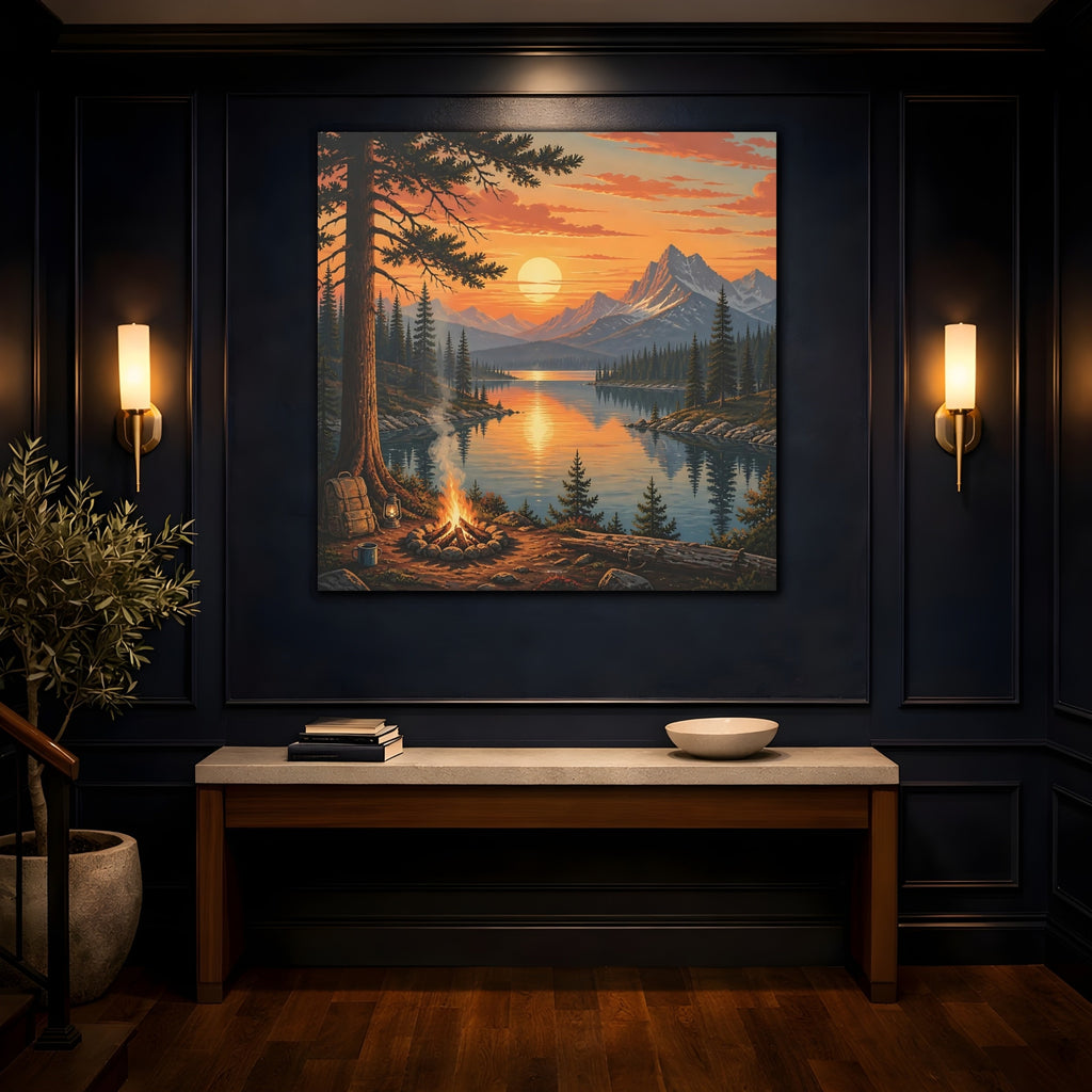 Mockup 4. Nature Mountain Lake Orange Sunset Lake shown as stretched canvas wall art