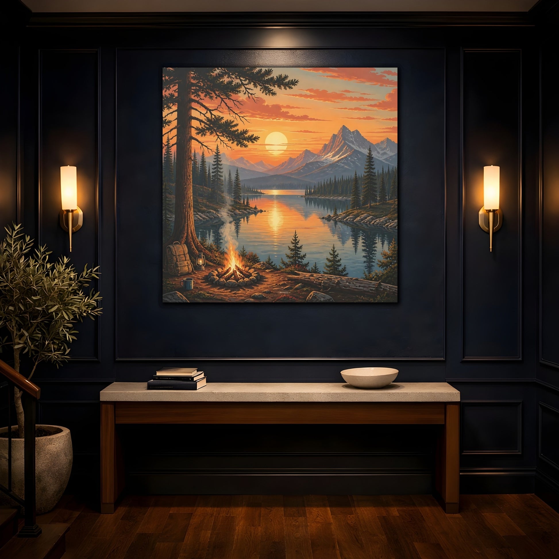 Mockup 4. Nature Mountain Lake Orange Sunset Lake shown as stretched canvas wall art