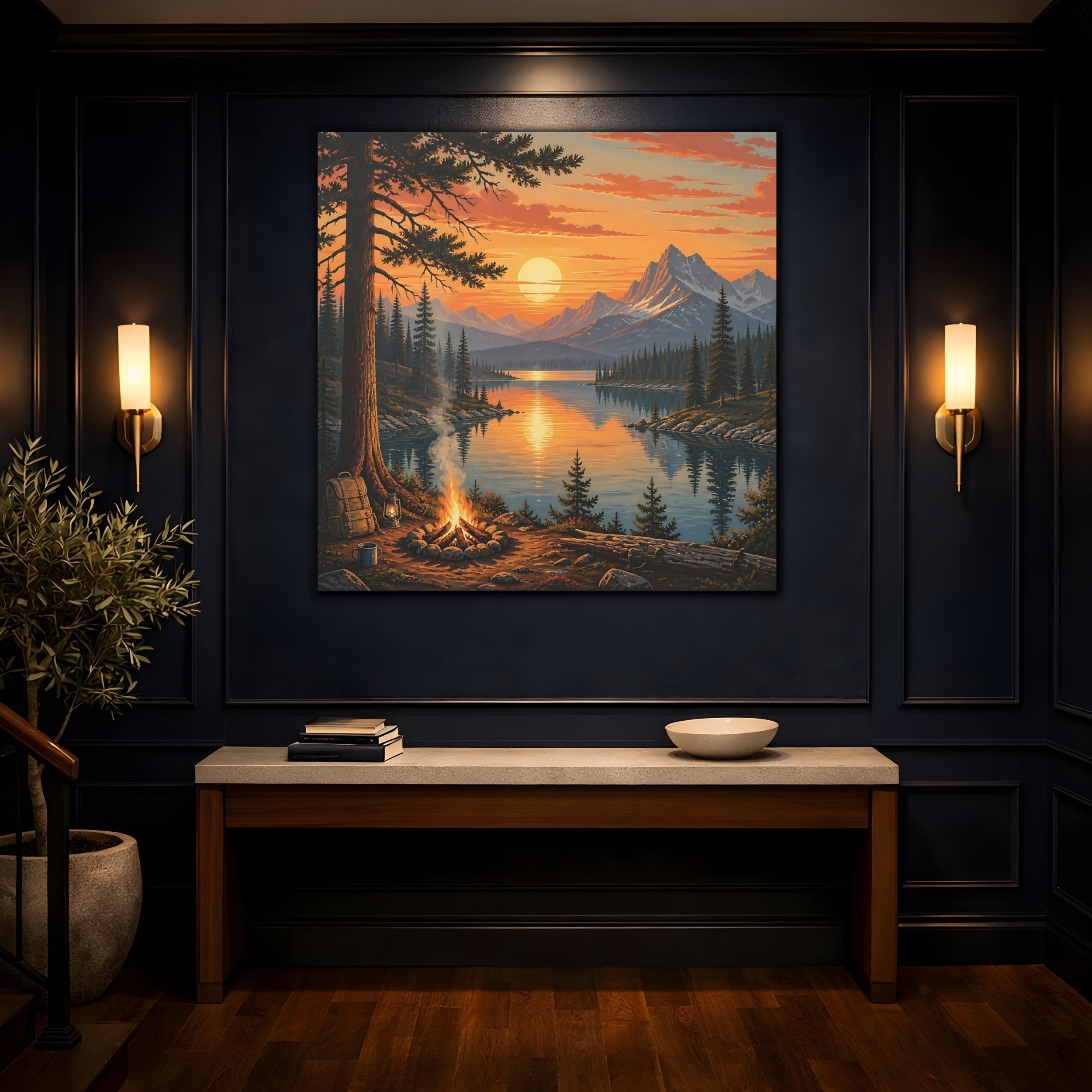Mockup 4. Nature Mountain Lake Orange Sunset Lake shown as stretched canvas wall art