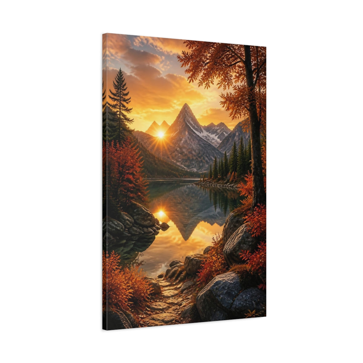 Main Mockup. Nature Mountain Lake Orange Sunset Landscape shown as stretched canvas wall art