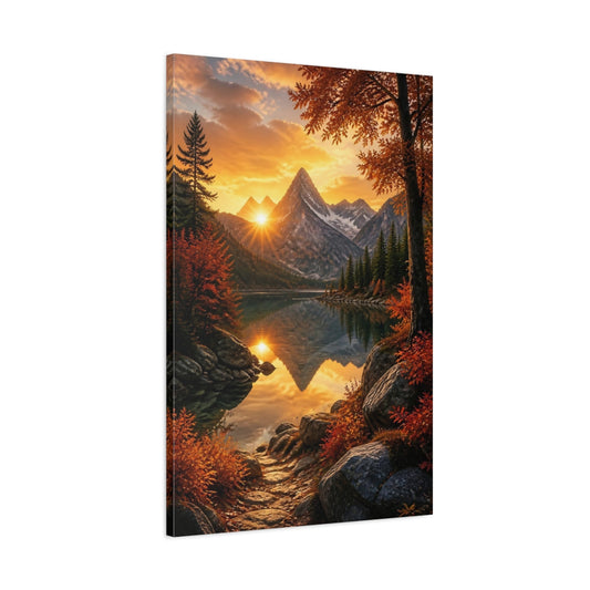 Main Mockup. Nature Mountain Lake Orange Sunset Landscape shown as stretched canvas wall art