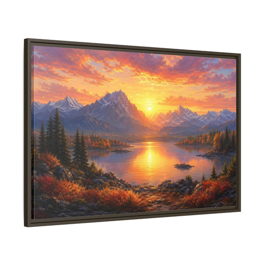 Main Mockup. Nature Mountain Lake Orange Sunset Landscape shown as stretched canvas wall art