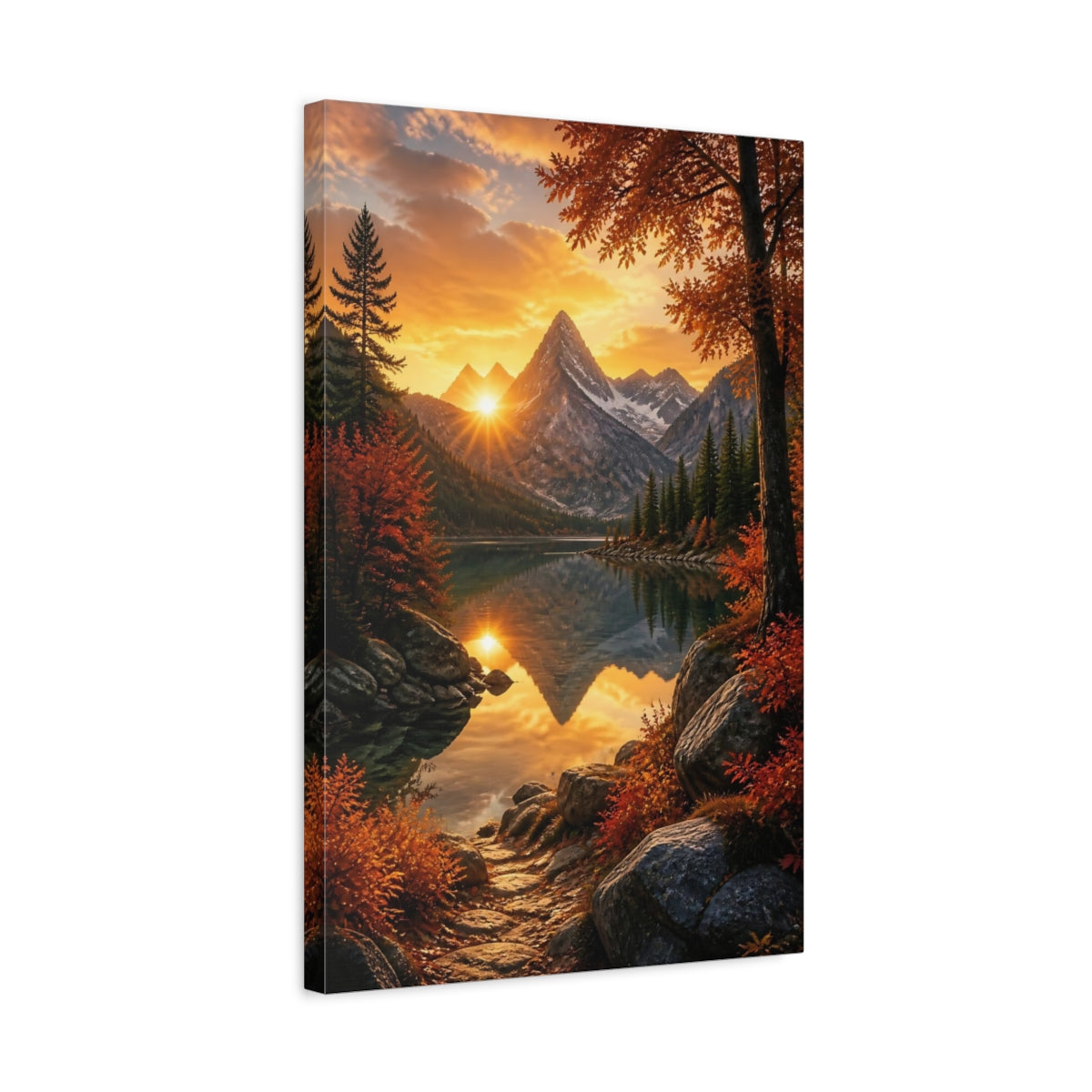 Side Mockup 3. Nature Mountain Lake Orange Sunset Landscape shown as stretched canvas wall art