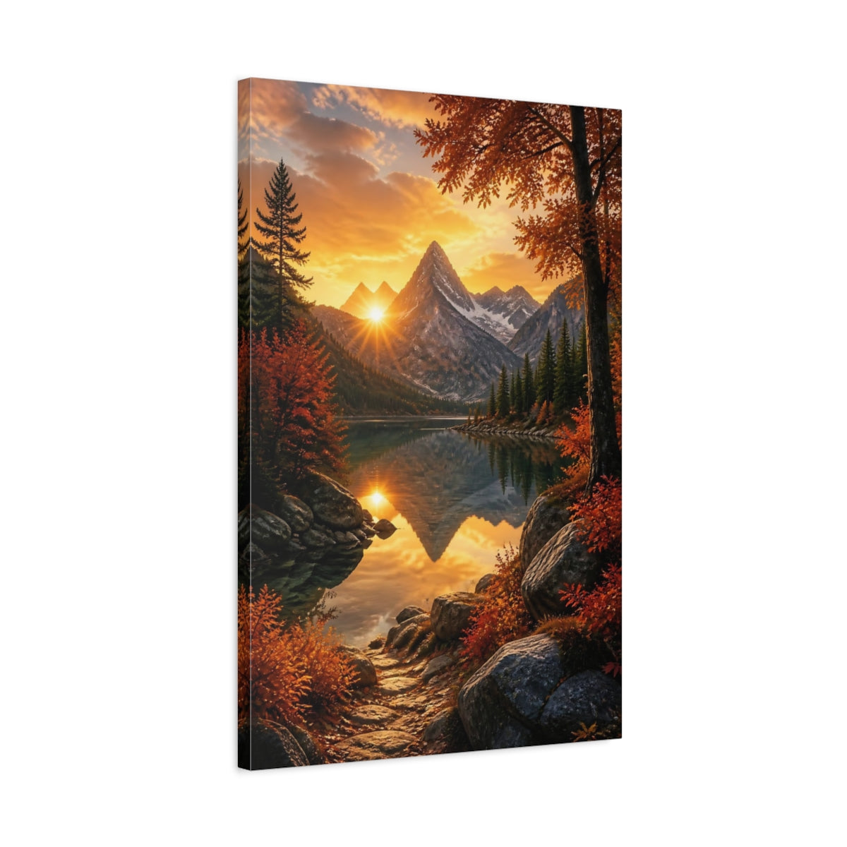 Side Mockup 2. Nature Mountain Lake Orange Sunset Landscape shown as stretched canvas wall art