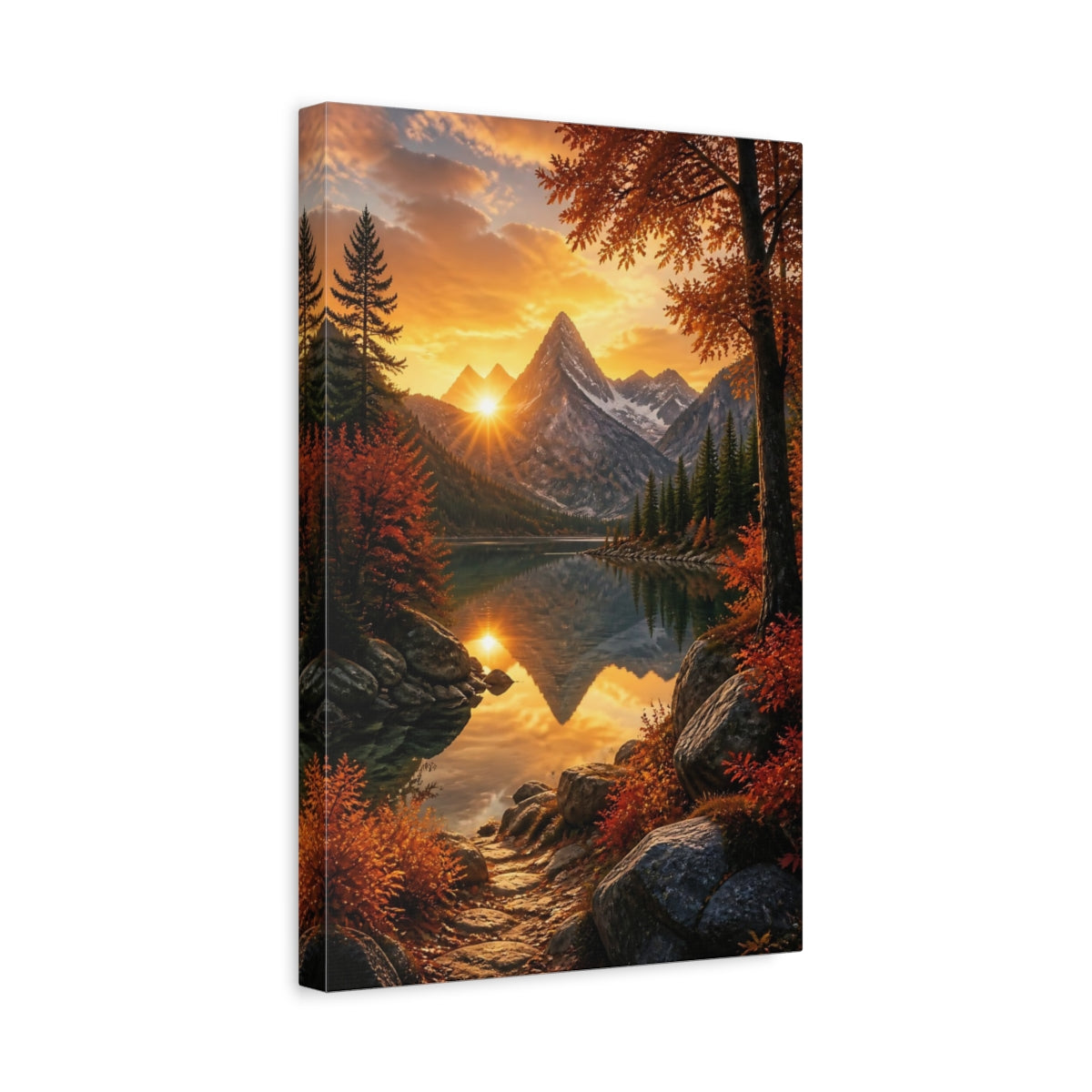 Side Mockup 4. Nature Mountain Lake Orange Sunset Landscape shown as stretched canvas wall art