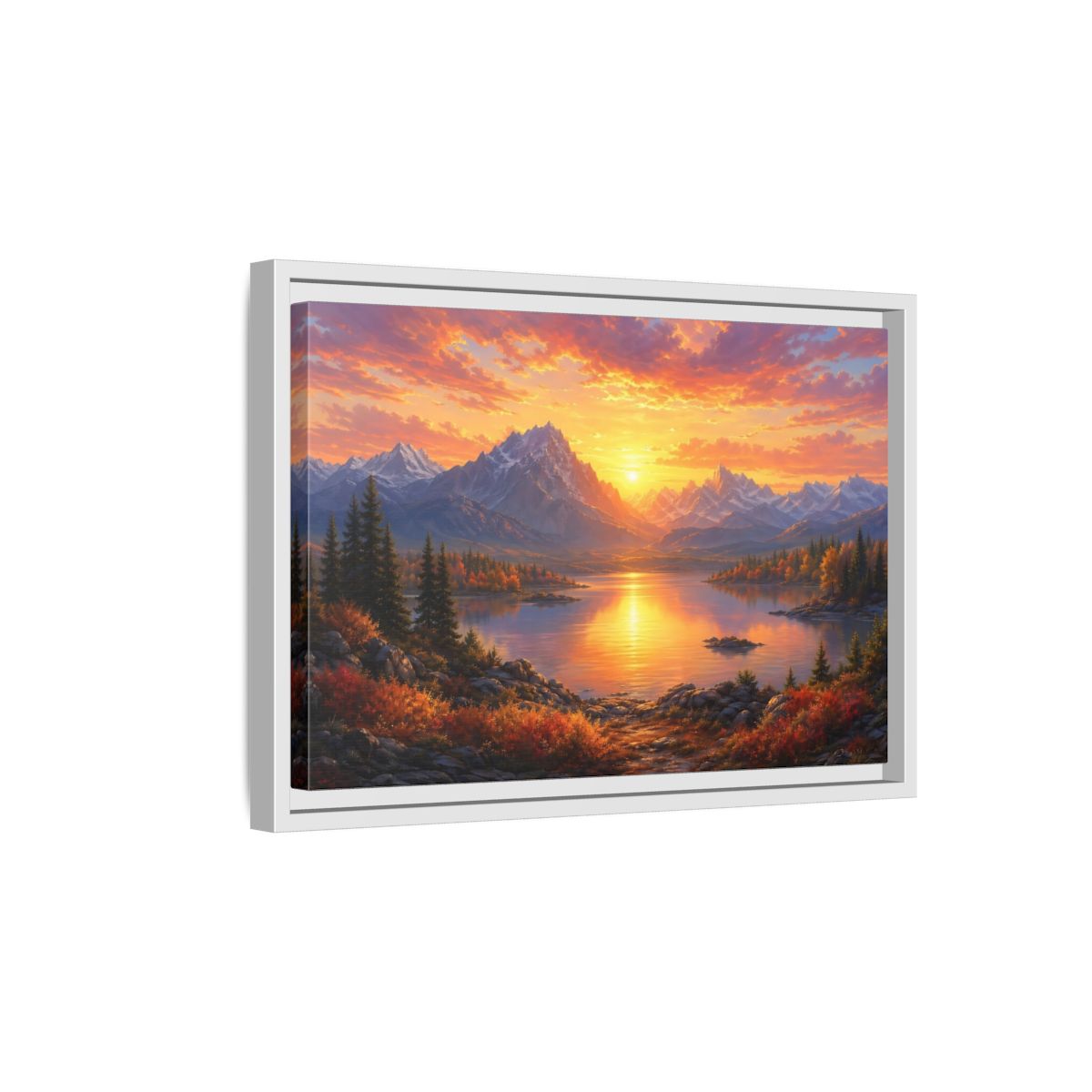 Side Mockup 4. Nature Mountain Lake Orange Sunset Landscape shown as stretched canvas wall art