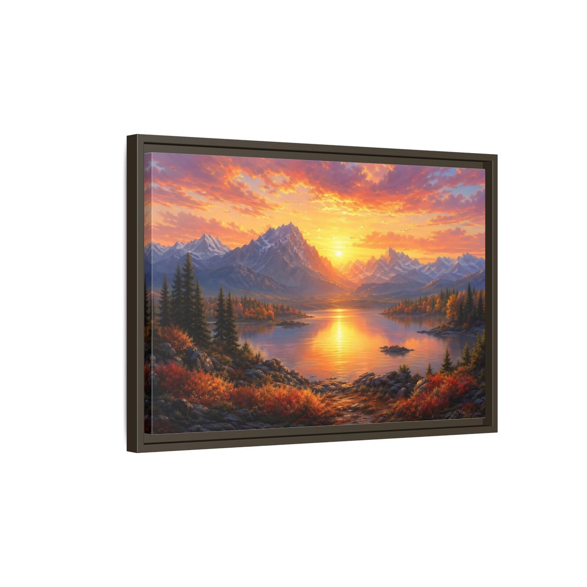 Side Mockup 2. Nature Mountain Lake Orange Sunset Landscape shown as stretched canvas wall art