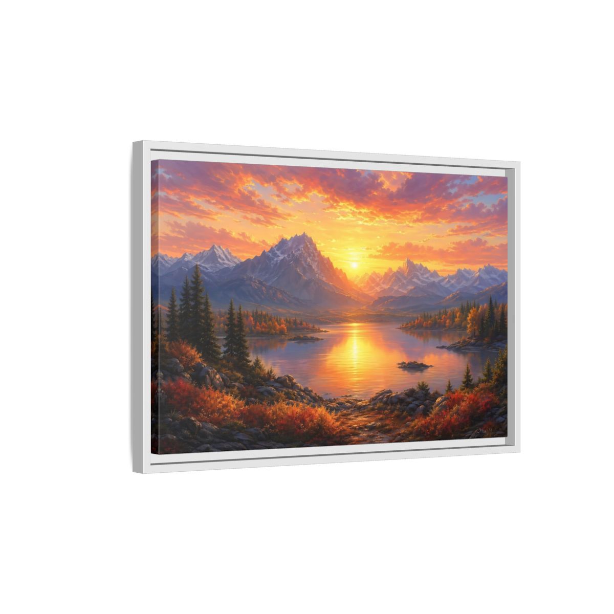 Side Mockup 1. Nature Mountain Lake Orange Sunset Landscape shown as stretched canvas wall art