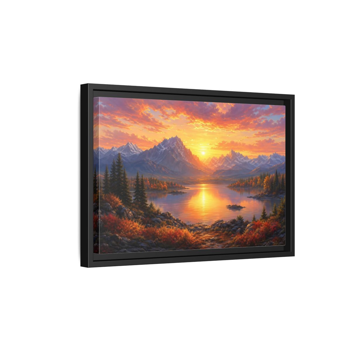 Side Mockup 6. Nature Mountain Lake Orange Sunset Landscape shown as stretched canvas wall art