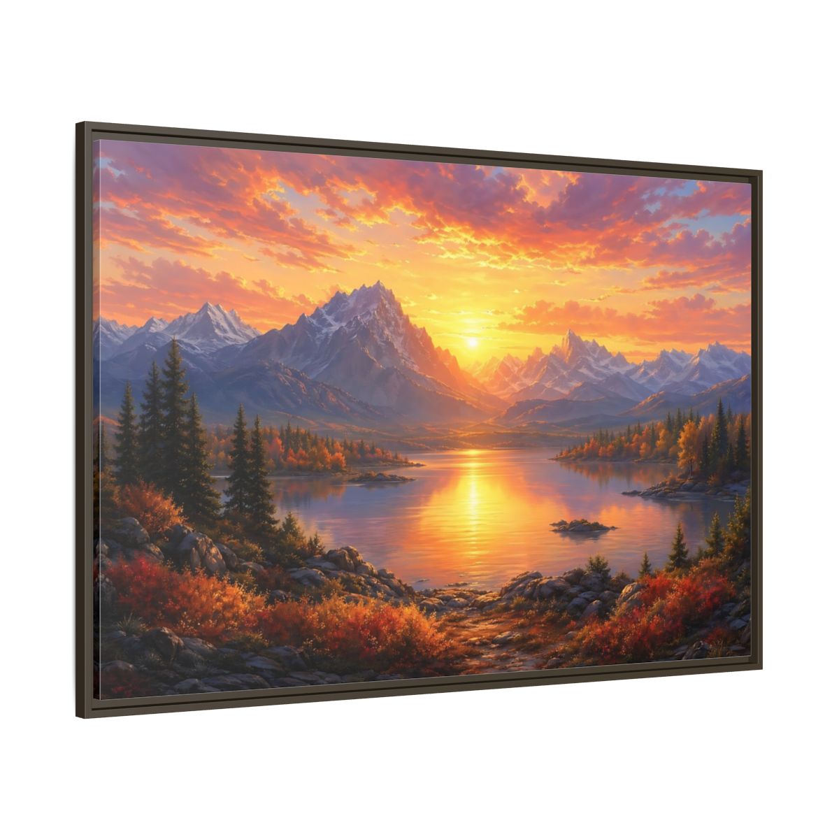 Side Mockup 8. Nature Mountain Lake Orange Sunset Landscape shown as stretched canvas wall art
