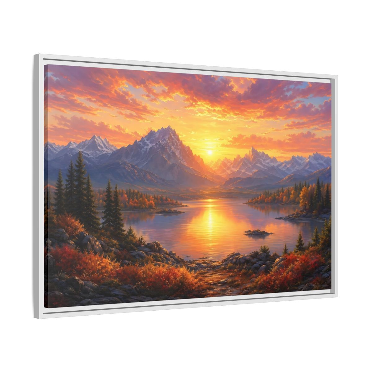 Side Mockup 9. Nature Mountain Lake Orange Sunset Landscape shown as stretched canvas wall art