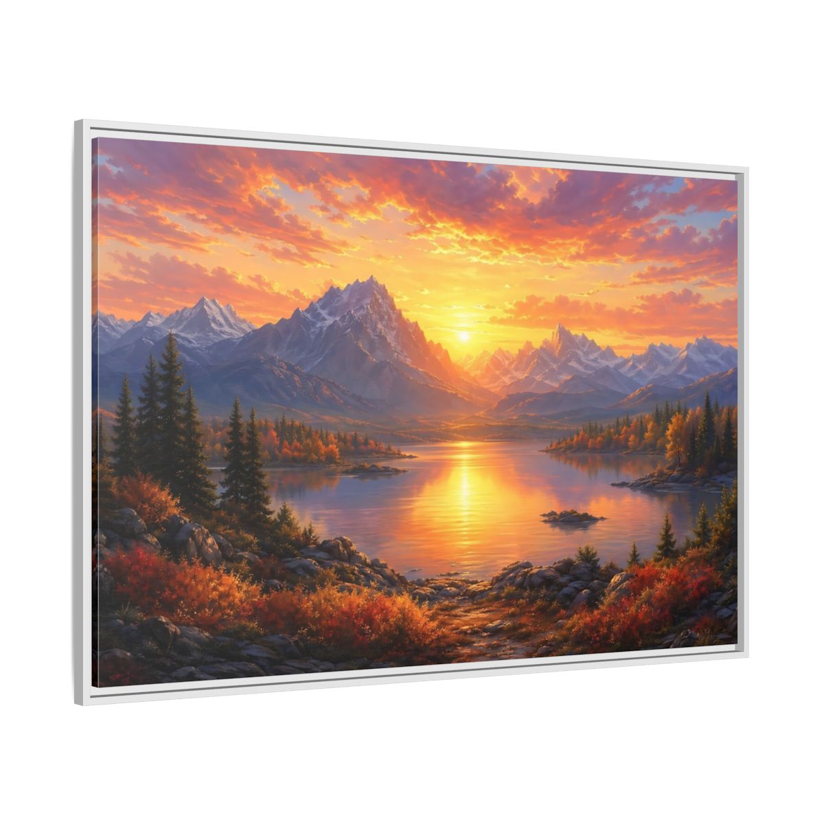 Side Mockup 7. Nature Mountain Lake Orange Sunset Landscape shown as stretched canvas wall art