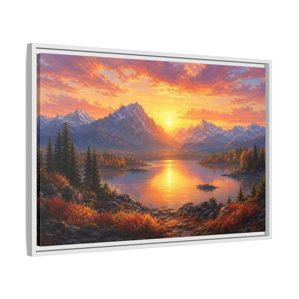 Side Mockup 10. Nature Mountain Lake Orange Sunset Landscape shown as stretched canvas wall art