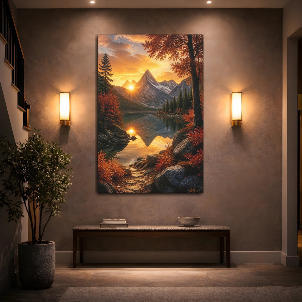 Mockup 2. Nature Mountain Lake Orange Sunset Landscape shown as stretched canvas wall art