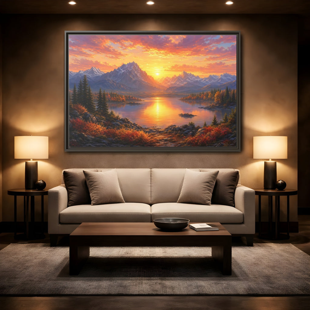 Mockup 2. Nature Mountain Lake Orange Sunset Landscape shown as stretched canvas wall art