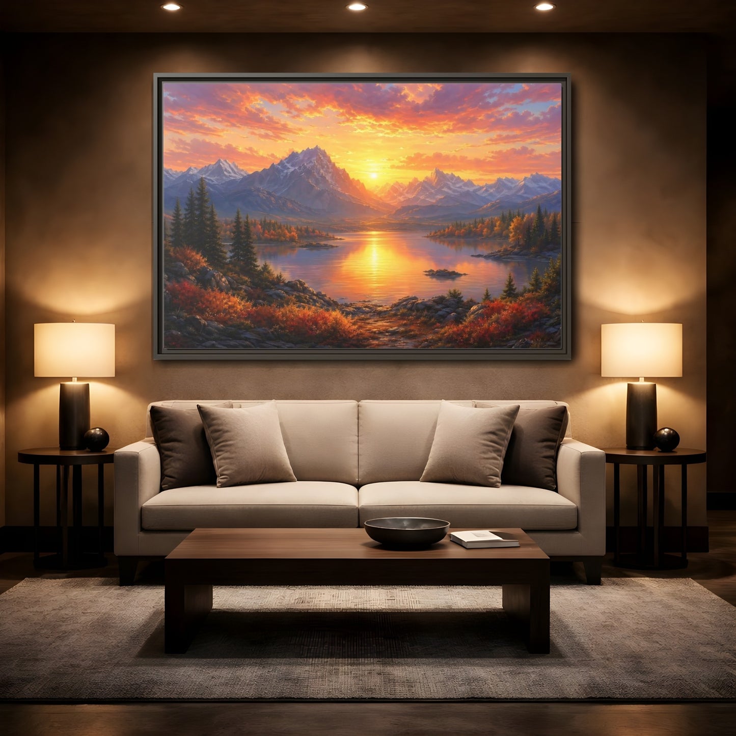 Mockup 2. Nature Mountain Lake Orange Sunset Landscape shown as stretched canvas wall art