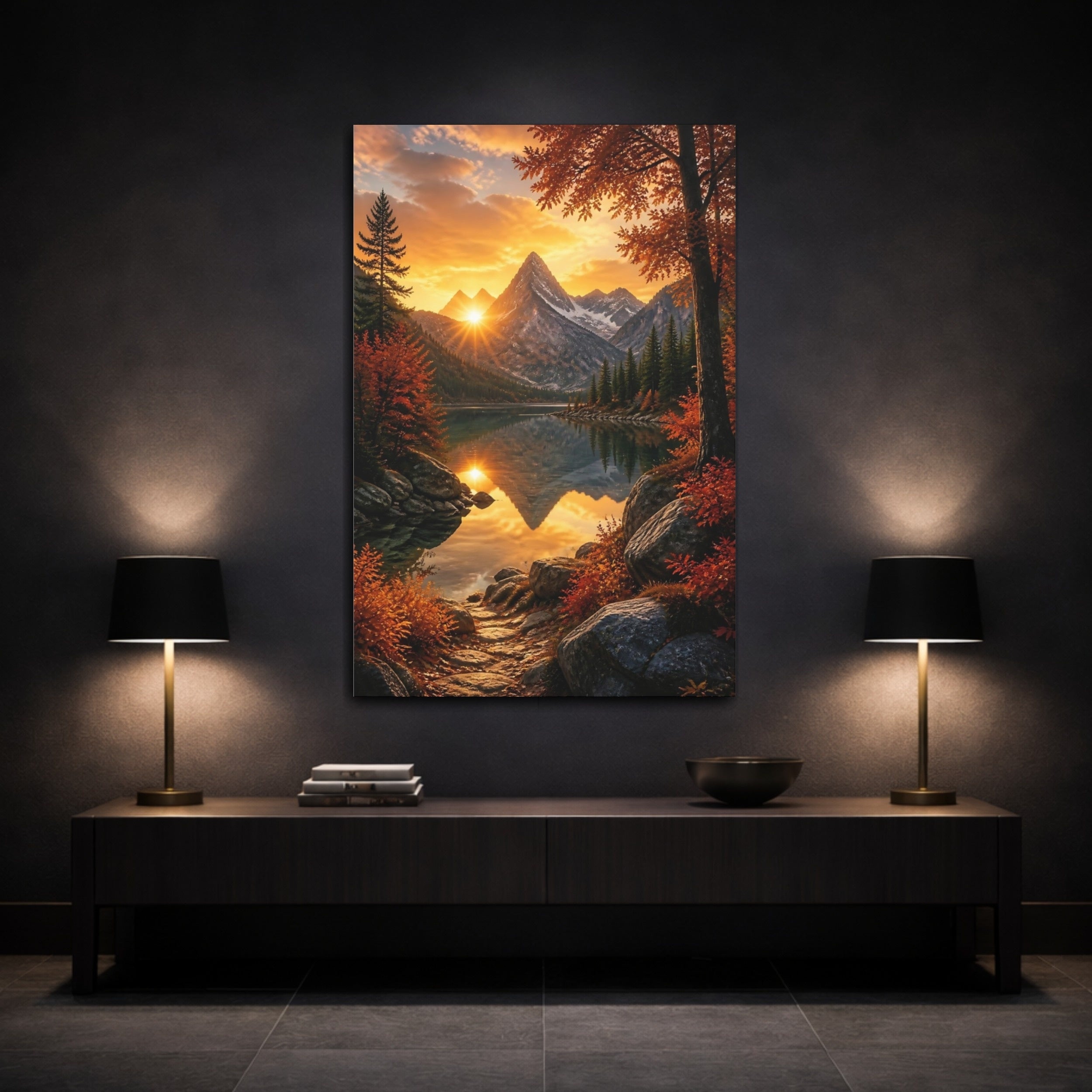 Mockup 3. Nature Mountain Lake Orange Sunset Landscape shown as stretched canvas wall art