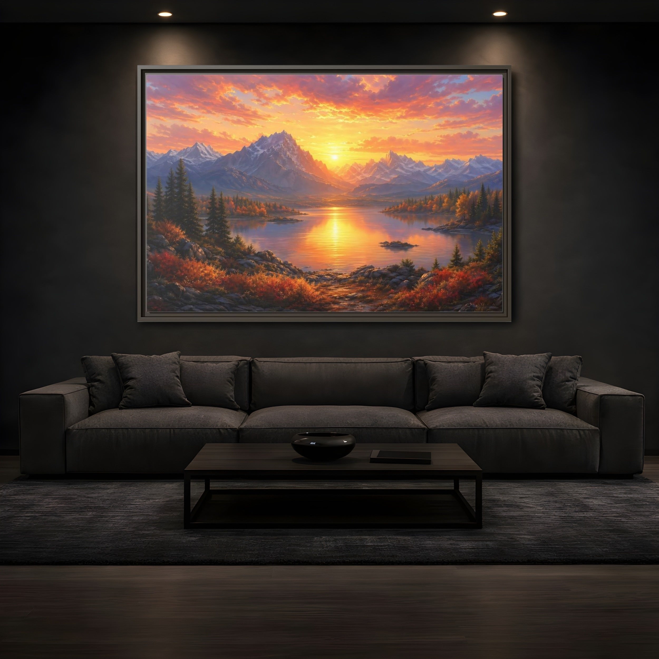 Mockup 3. Nature Mountain Lake Orange Sunset Landscape shown as stretched canvas wall art