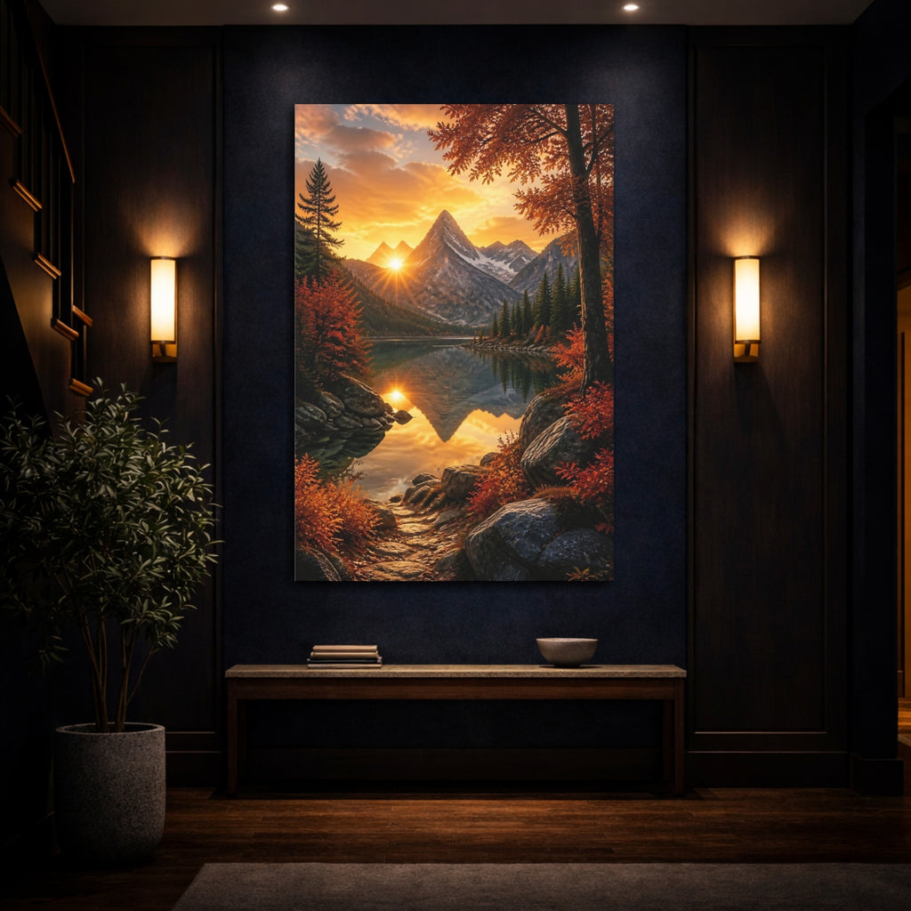 Mockup 4. Nature Mountain Lake Orange Sunset Landscape shown as stretched canvas wall art