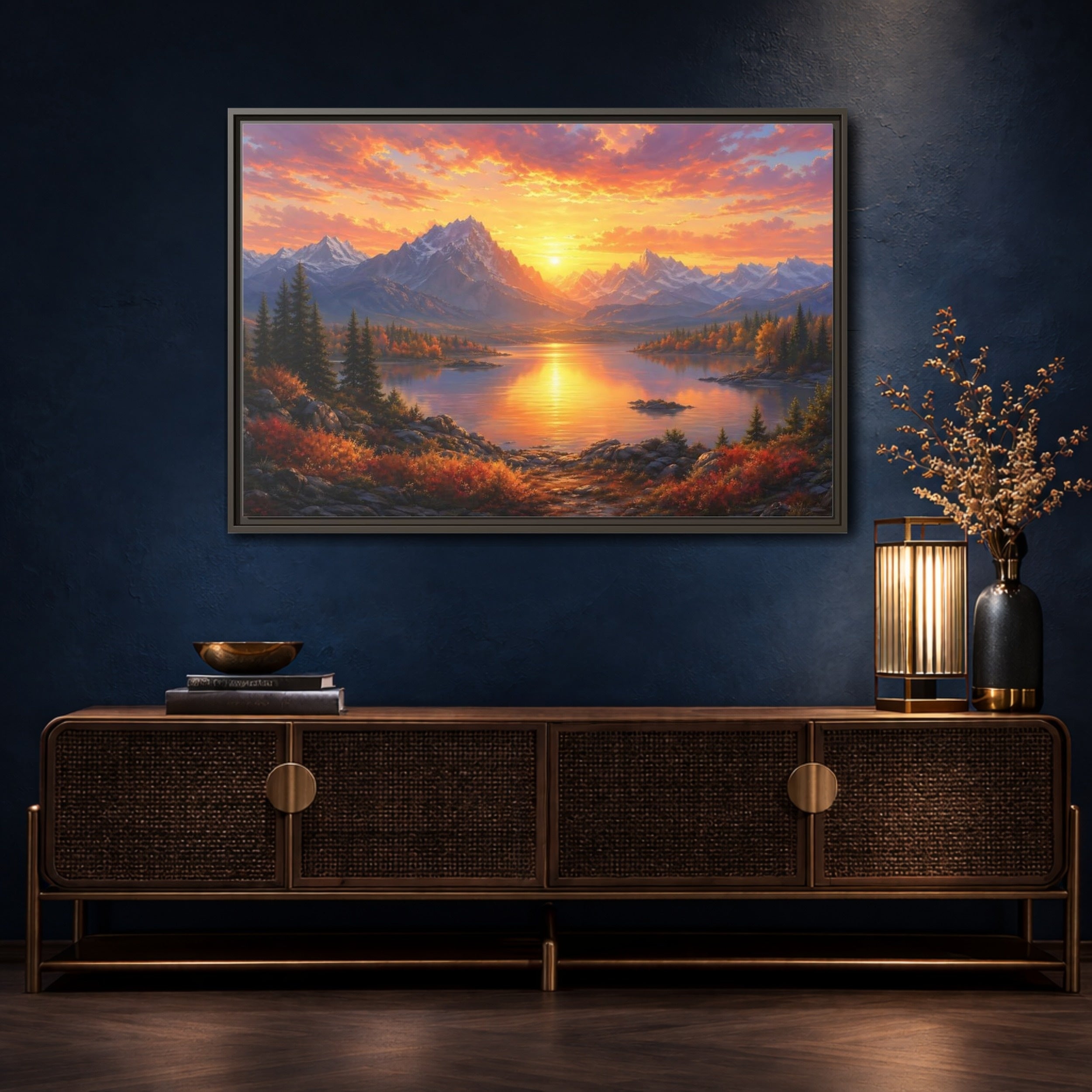 Mockup 4. Nature Mountain Lake Orange Sunset Landscape shown as stretched canvas wall art
