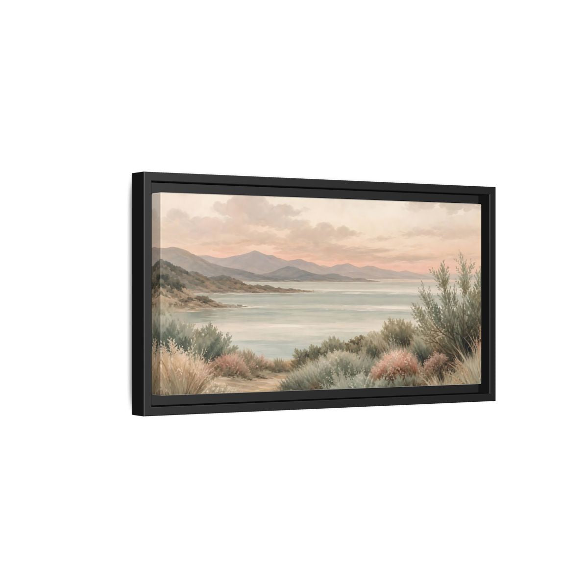 Side Mockup 8. Nature Mountain Lake Pastel Lake Mountains shown as stretched canvas wall art
