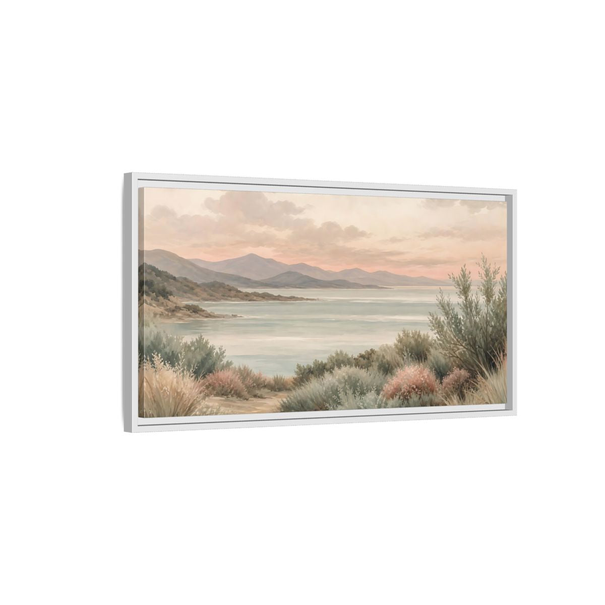 Side Mockup 1. Nature Mountain Lake Pastel Lake Mountains shown as stretched canvas wall art
