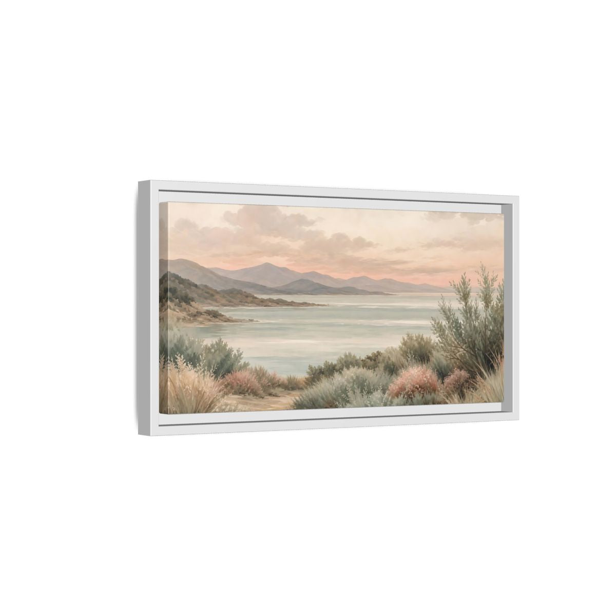 Side Mockup 6. Nature Mountain Lake Pastel Lake Mountains shown as stretched canvas wall art